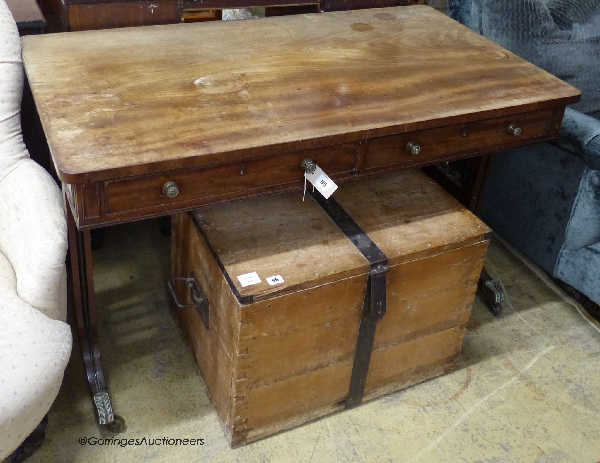 A Regency mahogany library table (a.f.), width 122cm, depth 68cm, height 73cm